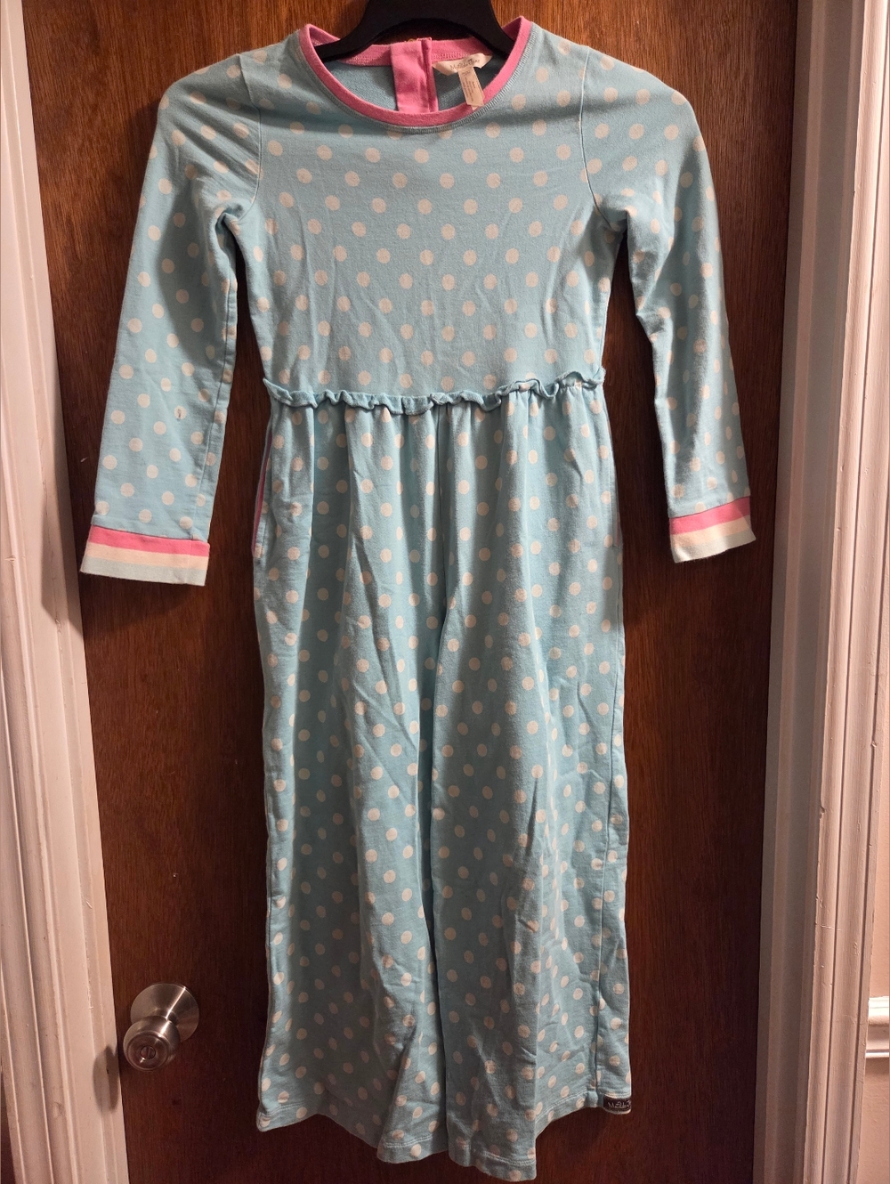 Matilda Jane Girls' Light Blue Polka Dot Long Sleeve Romper w/ Pink Trim Size 12